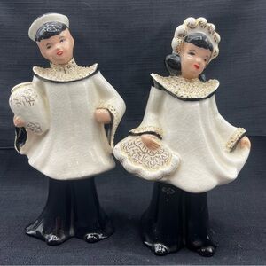 Florence Ceramic Asian Girl/Boy Glazed Figurine White/Black Vintage 1950